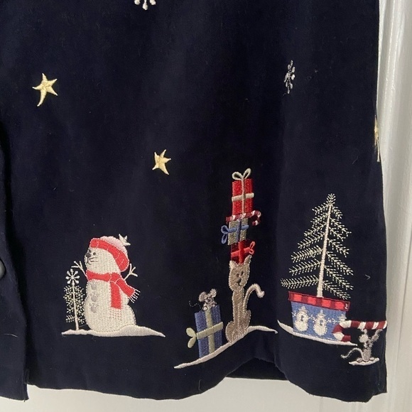 Christopher Banks Cat Snowman Embroidered Holiday Christmas Navy Vintage Blouse - Picture 5 of 14
